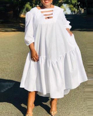 China European and American round neck white swing dress anti-static solid color big plus size dress casual wear loose ladies ball gown for sale