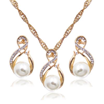 China High Quality Jewelry Set New Pattern 8 Pearl Geometric Necklace And Earrings Set With Diamonds Wedding Bridal Accessories for sale