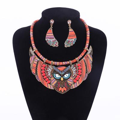 China High quality Mixed color Bohemian big-brand faux stone retro exaggerated jewelry set retro owl jewelry set European and American necklace female for sale