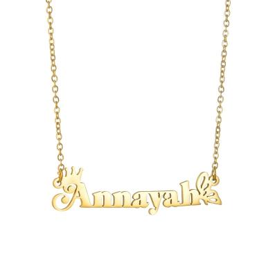 China Romantic Personalized Custom Design Name Necklace Ladies Stainless Steel Butterfly Crown Letter Name Necklace Pendant Gift for sale