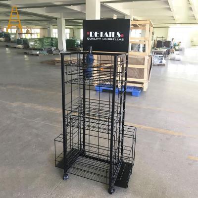 China Hot Selling Display Retail Store Umbrella Display Stand Rack Flooring With Wheel zu verkaufen