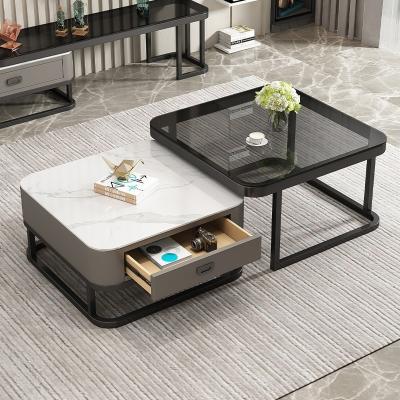 China Living Room Furniture Metal Glass Coffee Table with Drawer Storage and Adjustable Height Combination for sale