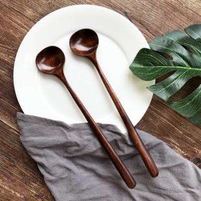 China Sustainable Natural Wood Biodegradable 11 Inch Long Handle Korean Spoon Set Mixing Honey Spoons for sale