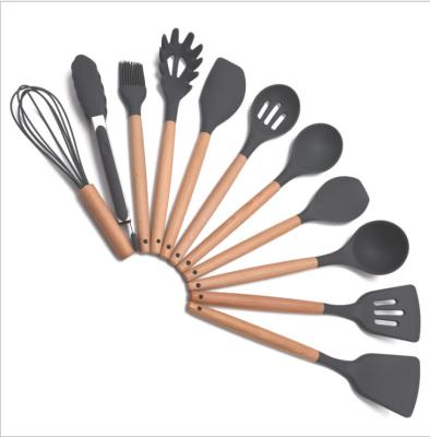 China Customized High Quality Viable Logo Heat Resistant High Temperature 12Piece Silicone Kitchen Utensils Set With Wooden Handle for sale