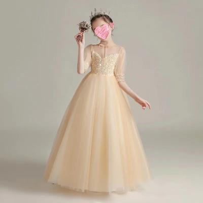 China Custom Beaded Line Champagne Lace Bodice A Flower Girl Tulle Flower Girl Dresses Baby Kids Breathable Ribbon Any Color Wedding Dress Pattern for sale