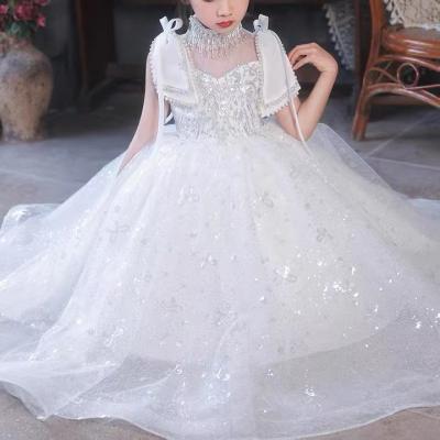 China Breathable Sequin Turtle Neck Tulle Kids Beaded Bridesmaids A Line Satin White Kitenge Designs African Luxury Beaded Dress Cape Wedding for sale