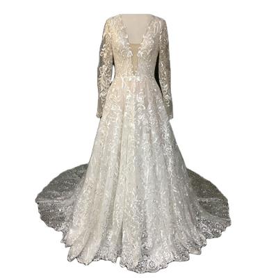 China Full Lace Anti-Static Deep V-Neck Tulle Long Sleeves Ball-Gown Princess Wedding Dress for sale