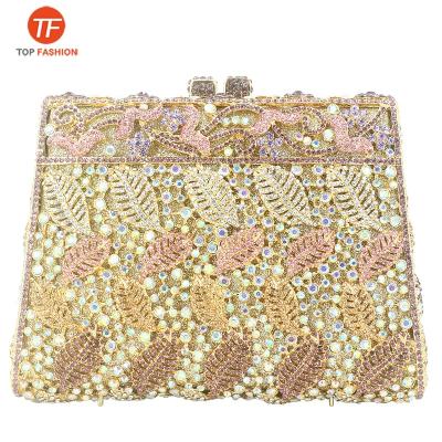 China Luxury Factory Wholesale Crystal Rhinestone Leaf Clutch Bag For Evening Formal Handbag Party Big Jewel Box Minaudere for sale