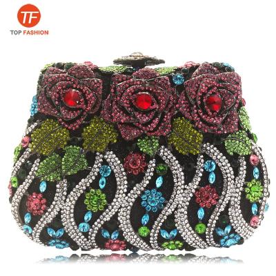 China Luxury Factory Wholesale Handmade Crystal Rhinestone Roses Floral Minaudiere Purse Clutch Evening Bag For Prom Wedding Party for sale