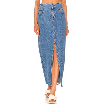 China 2022 Summer New Women's Denim Midi Skirt Cotton Denim One Line Look Slit High Class Soft Breathable Skinny Waist for sale