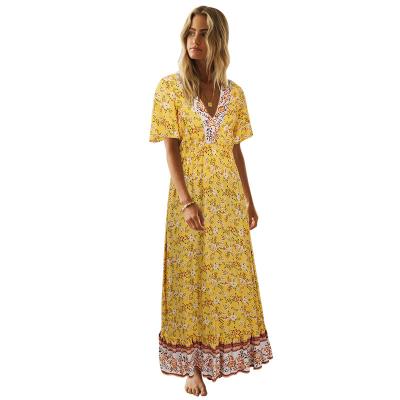 China Anti-wrinkle unique design v-neck floral ladies long skirt print casual maxi dress for sale