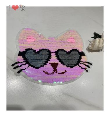 China Gently touch heart glass cat pinkish patch, pink glitter patch material, Canton patch factory for sale