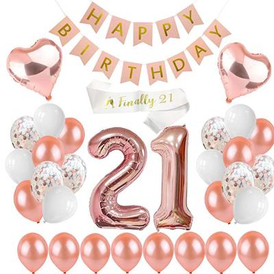 China 2022 Set Rose Gold Birthday Party Decoration Banner Rose Gold Happy Birthday Balloons Paper Latex 21st for sale