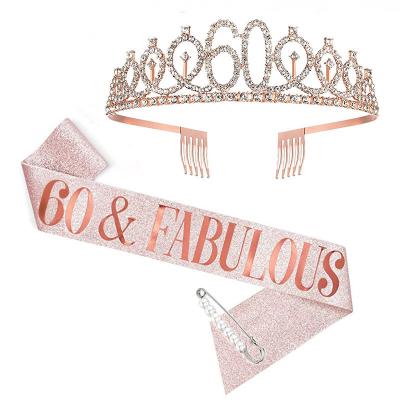 China Metal Happy 40th Birthday Girl Bling Sash Set Crown Bridal Pageant Wedding 60th Birthday Queen Crown Birthday Women Party Supplies for sale