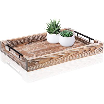 China Modern Rustic Style Wooden Serving Tray Rustic Torched 20-Inch Serving Tray with Modern Black Metal Handles for sale