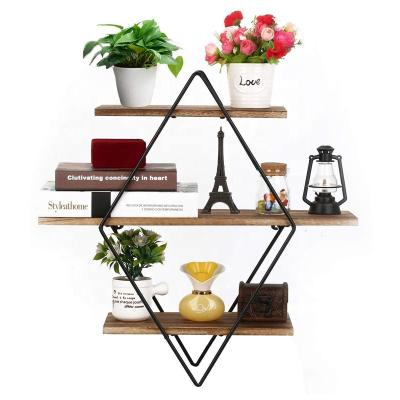 China Modern Rustic Style Rustic Solid Wood Floating Beams Metal Wood Geometric Wall Beams Living Room Wall Shelf Wood Floating Shelf for sale