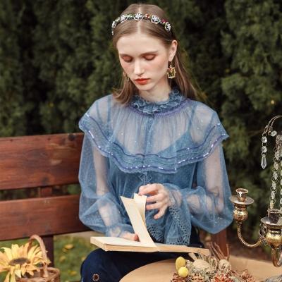 China Breathable Romantic Vintage Lace Up Transparent Bow Ladies Loose Blouse With Sling Women's Tulle Tops for sale