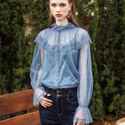 China Breathable Summer Autumn Fashionable Lady Puff Sleeves Lace Up Romantic Blue Tulle Blouse Vintage Shirt for sale