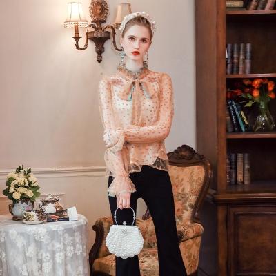 China Hot Sale Breathable Exquisite Lace Women's Sheer Tops With Sling Bow Collar Ladies Vintage Blouses for sale