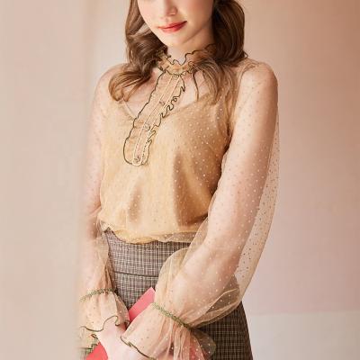 China Gauze Decorates Elegant Small Blouse Breathable Net Lace See Mesh Brown Sexy Top Womens Blouses Shirts for sale