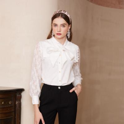 China Breathable Patchwork Shirt Blusas De Mujer Blouses And Bow Collar Lace Shirt Dress Pour Women Elegant Shirt for sale