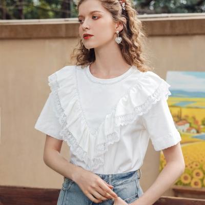 China Beaded Pull Down Anti-Pilling T-shirts Women Summer New Fashion Ruffle Around The Neck T-shirts Casual White Short Sleeves Tops Tees for sale