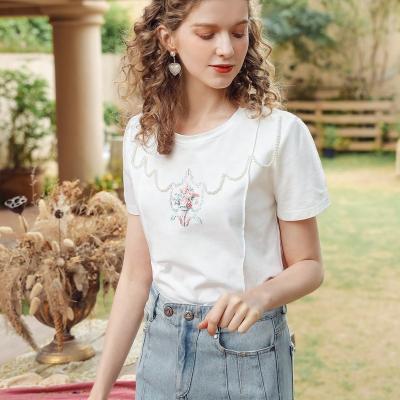 China Anti-wrinkle fashion ladies blouse casual women's short sleeve beading custom short top T-shirt blouses for sale