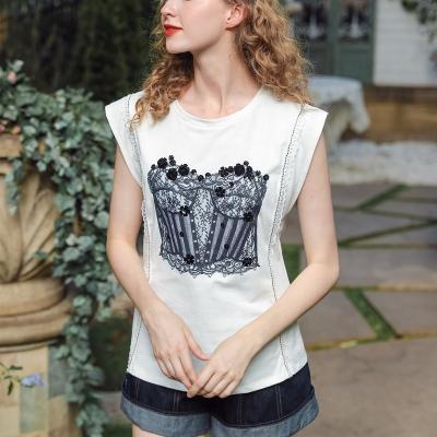 China Anti-wrinkle Summer T-shirt Sleevelessscrew Neck Women's Clothing Office Lady Vintage Floral Ruffled Women's Blouses Shirts for sale