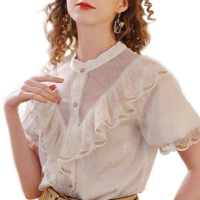 China Breathable Summer Stretching Women Clothing Short Sleeve Collar Lace Shirts Woman Hollow Tops Fashion Ladies Blouses for sale