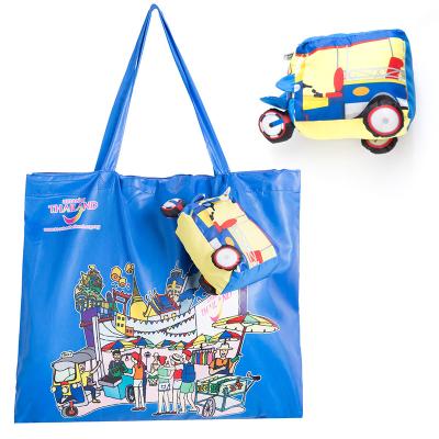 China Tricycle Shape Folding Design 300T Encrypted Polyester Promotional Reusable Custom Zipper Tote Bags No Minimum for sale