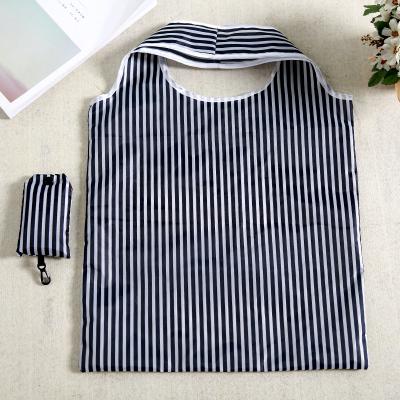 China Supermarket Reusable Shiny Foldable Polyester Cell Phone Black And White Striped Shopping Bags for sale