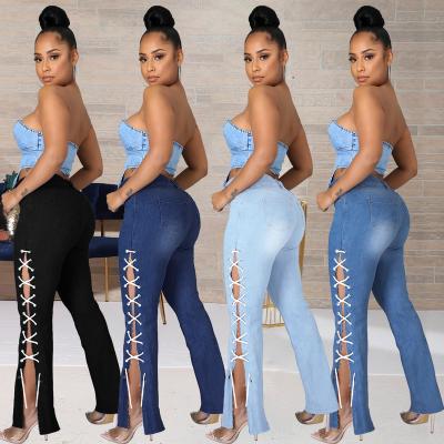 China Jeans For Man Women High Quality Sexy Denim QUICK DRY Pants High Waisted Skinny Bandana Side Blue Lace Up Jeans for sale