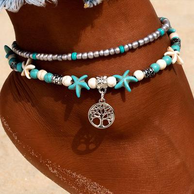 China TRENDY Think 2021 New Distressed Beach Turquoise Stone Foot Jewelry Starfish Tortoise Multiple Layered Anklets 10 Styles for sale