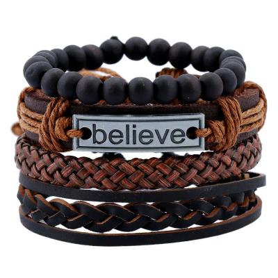 China Wear 4 Pcs Bracelets Set Adjustable Punk Style Retro Woven PU Leather Rope Braided Leather Bracelets Men Leather Bracelets Multilayer for sale