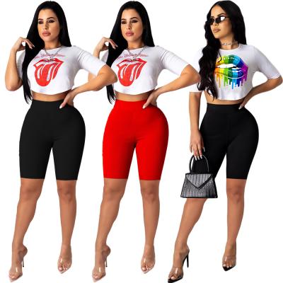 China Beautiful Tongue Lips Pattern Women's Clothing Sports Suit Women's Two-Piece Set Clothes Summer Short Casual Plus Breathable T-shirt for sale