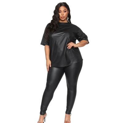 China Viable 2022 New Arrivals Summer Clothing Women Ladies Plus Size Casual Short Sleeve PU Leather Suits 2PC Sets Pants Two Piece Set for sale