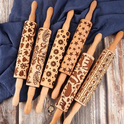 China Sustainable Creative Christmas Pastry Cookie Pattern Wooden Pin Household Pressing Print Outdoor Baking Embossing Pin for sale