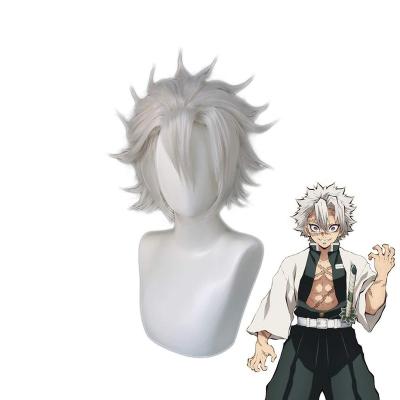 China Cheap Silky Straight Wave Funtoninght Demon Slayer Kimetsu Wigs No Yaiba Short Shinazugawa Sanemi Silver Cosplay Wigs For Lovers for sale