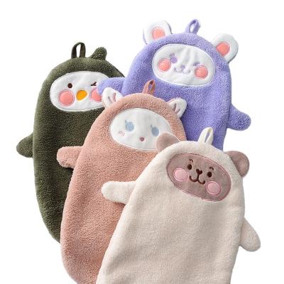 China No Fiber Coral Fleece Hanging Hand Dry Towel Kitchen Bathroom Double Layer Cartoon Absorbent Hand Towels for sale