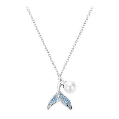 China Factory Wholesale 925 Sterling Silver Whale Tail Necklace Romantic Mermaid Tail Dolphin Tail Necklace With Blue Zircon As Mother's Gift for sale