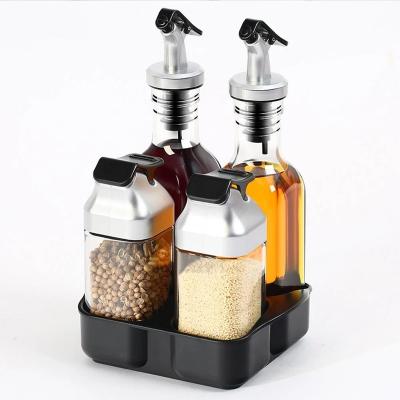 China Sustainable 5Pcs Salad Dressing Salt Pepper Dispenser Set With Storage Tray Glass Bottle Stainless Steel Spout With Storage Tray for sale