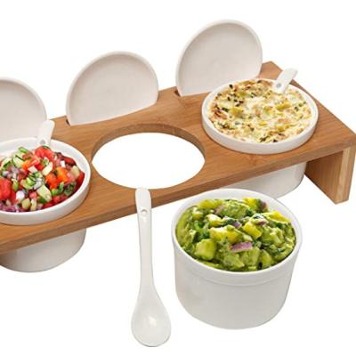 China Three Viable Removable Ceramic Ramekins Bowls And Serving Spoons Ceramic Condiment Dip Sauce Ramekins Set for sale