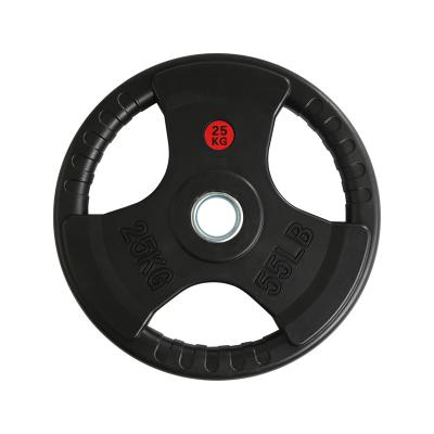 China Universal Wholesale Home Gym Black Three Grip Barbell Inner Core Cast Rubber Coated Weight Plate for sale