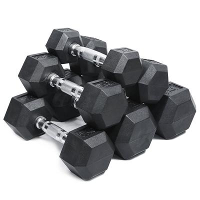 China Factory Wholesale Free Weight 5kg10kg20kg30kg Gym Rubber Covered Dumbbell And Inner Core Home Cast Black Rubber Hex Dumbbell for sale