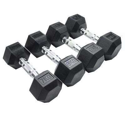 China Factory Wholesale Gym 5kg10kg20kg30kg Rubber Covered Dumbbell Gym And Inner Core Home Cast Black Rubber Hex Dumbbell for sale