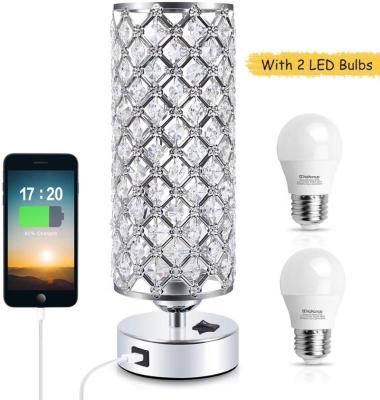 China New American Style Crystal Led Bedside Lamparas USB Ports Table Lamps Including 2 Bulbs for sale