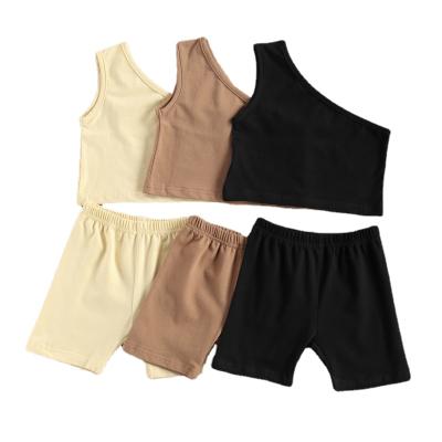 China Casual Kids Babies Fashion 2 Piece Outfit Set One Shoulder Solid Color Tops+Shorts Set Daily Wear Summer 2021 for sale