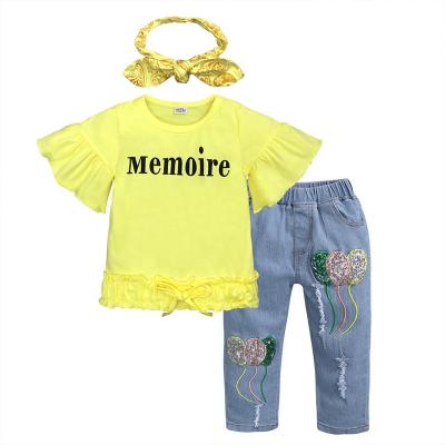 China Cotton summer girls' suit jeans yellow three-piece set letter pattern cool cotton girl's T-shirt baby clothes for sale