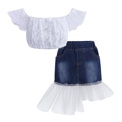 China Girls White Denim Skirt Cotton Summer Wear Baby Clothes Yarn Set Two Piece Set Cotton Strapless Dressing Up Skirt for sale