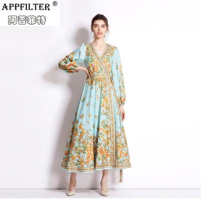 China 2022 Summer Vacation Anti-Static Long Wrap Lantern Sleeves Dress for sale